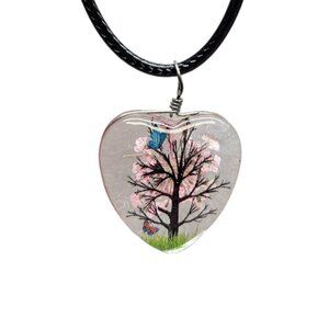 Pink Glass Heart Shape Tree With pressed Flower and Butterfly Pendant Necklace